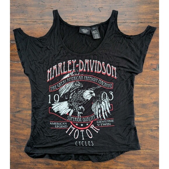 Harley-Davidson 1903 Eagle Cold Shoulder Top Shirt Women's M Rayon Spandex Black - Picture 1 of 7